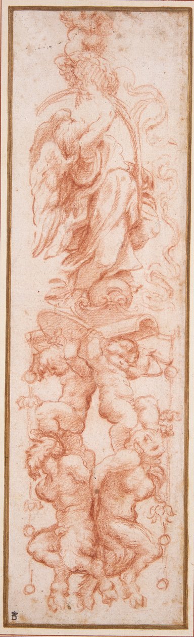 Groteski koristelu holvin kylkilukuun (punainen liitu valkoisella paperilla) tekijältä (c.1489 1534) Correggio