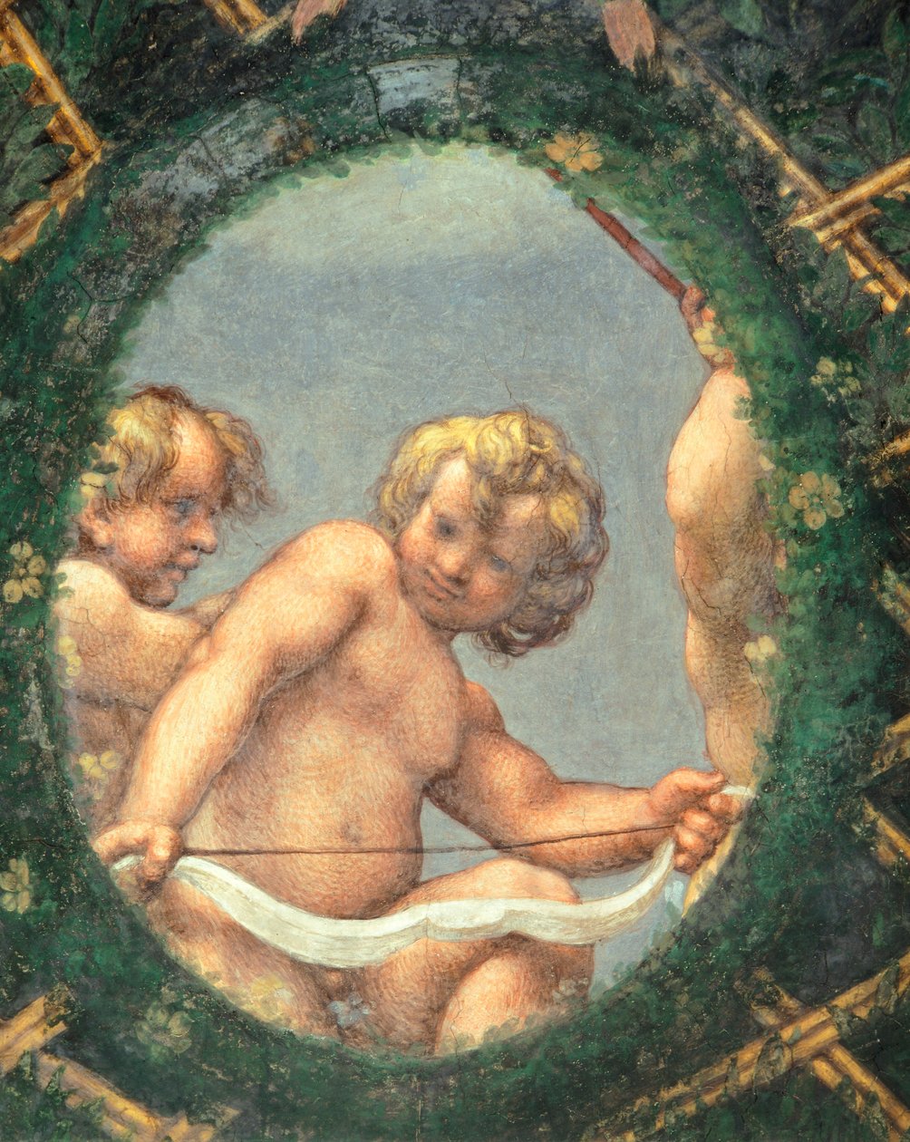 Soikea ja kerubeja, fresko Antonio Allegri Da Correggio (1489-1534) Abbessin huone, San Paolon luostari, Parma, Italia tekijältä (c.1489 1534) Correggio