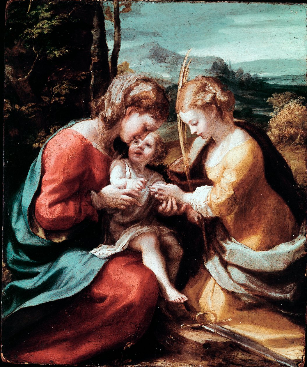 Pyhän Katariinan Aleksandrialaisen mystinen häät Antonio Allegrin maalaus (tunnetaan nimellä Correggio tai The Correge 1489-1534) 1520 noin. Aurinko. 28,5x23,5 cm Napolin museo di Capodimonte tekijältä (c.1489 1534) Correggio