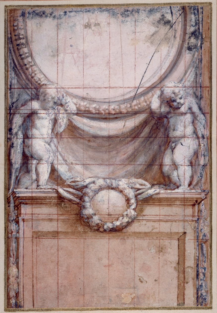 Kaksi puttia, jotka tukevat tyhjää medaljonkia (punainen liitu korotettu valkoisella paperilla) tekijältä (c.1489 1534) Correggio