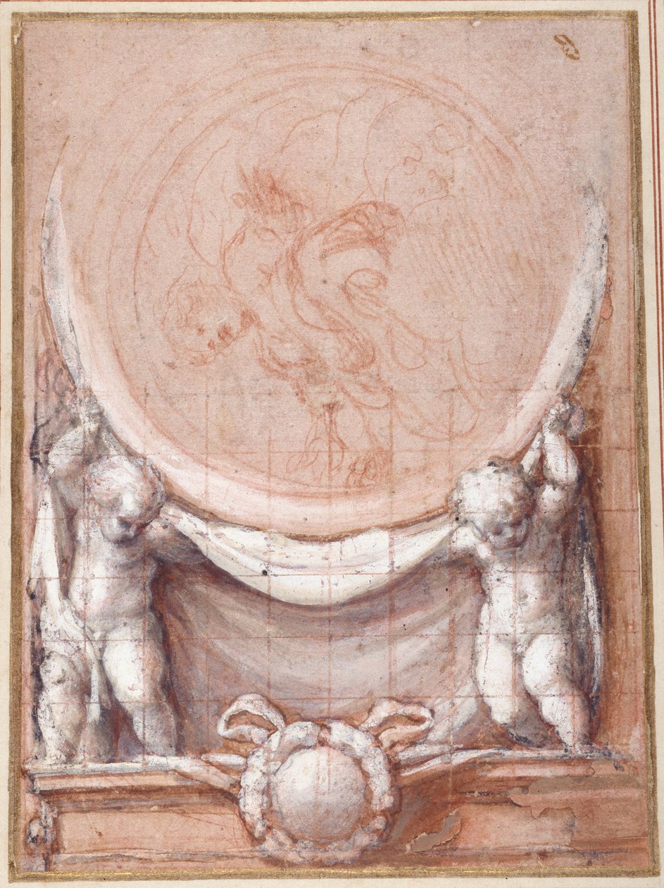 Kaksi puttia tukevat medaljonkia, jossa pilven kantama Kristus on esitetty (punainen liitu valkoisella paperilla) tekijältä (c.1489 1534) Correggio