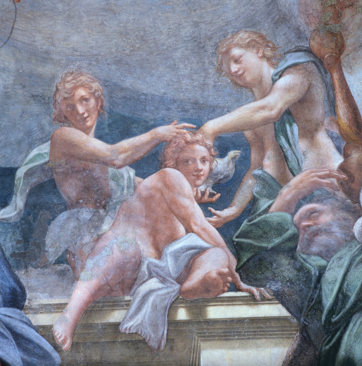 Nuoret parvekkeella, Antonio Allegri Da Correggio (1489-1534) Yksityiskohta freskoista Parman katedraalin kupolissa, Italiassa tekijältä (c.1489 1534) Correggio