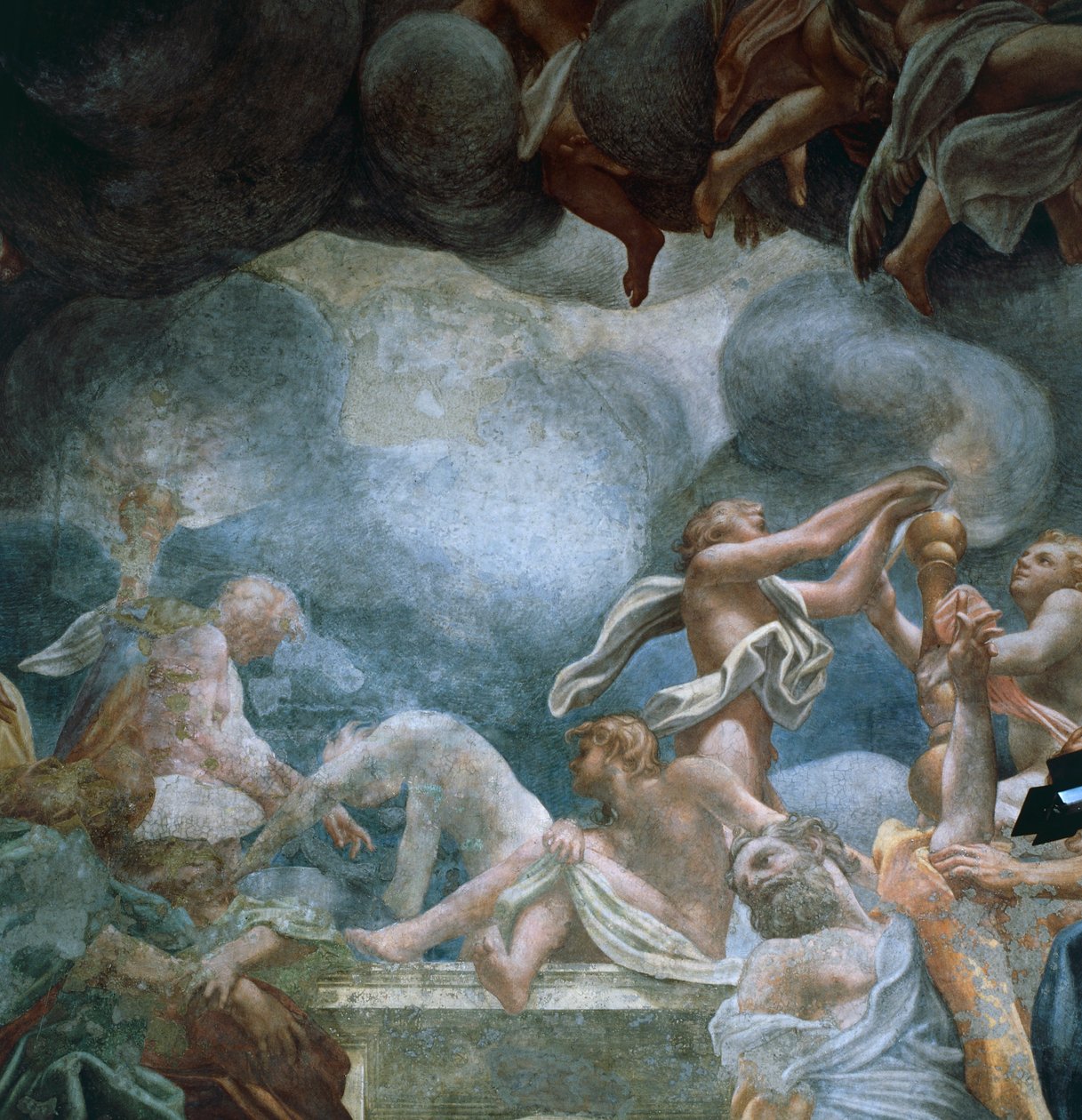 Nuoret parvekkeella, yksityiskohta Parman katedraalin kupolin freskoista, Antonio Allegri Da Correggio (1489-1534) tekijältä (c.1489 1534) Correggio