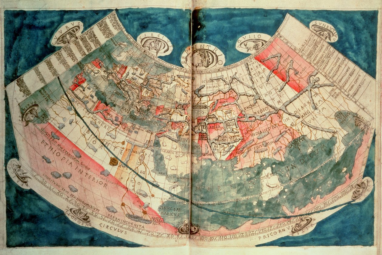 Maailman kartta Ptolemaeuksen kuvauksen perusteella (akvarelli) tekijältä (c.90 168)(after) Ptolemy