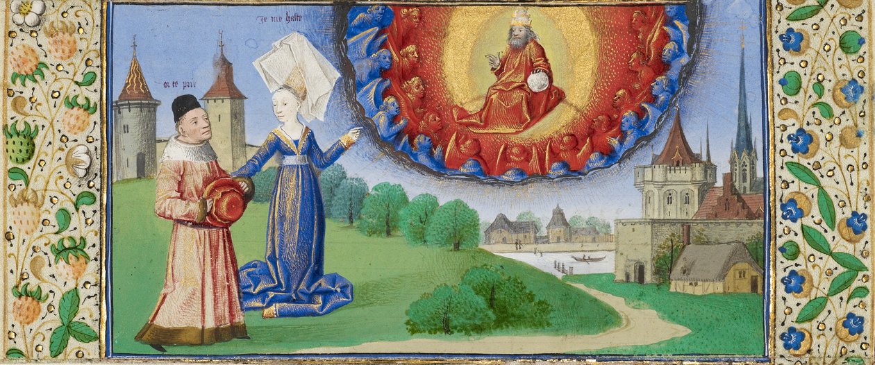 Filosofia, joka opettaa Boethiusta Jumalan roolista, n. 1465 (tempera ja kulta pergamentilla) tekijältä (fl.1450 75) Master of Coetivy