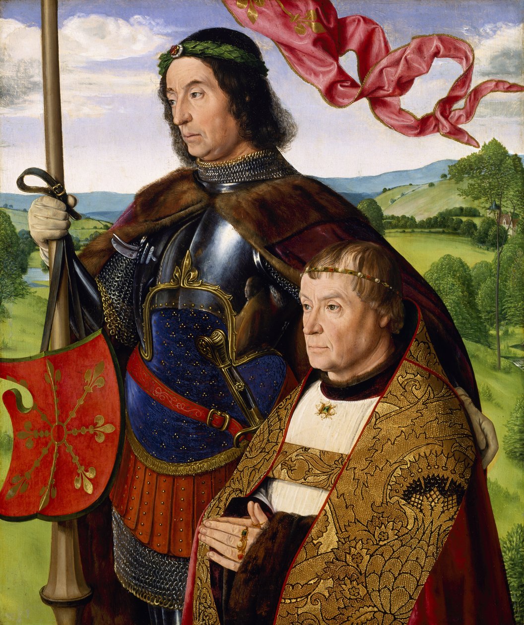 St Maurice (tai St Victor) luovuttajan kanssa, n. 1500-05 (öljy paneelissa) tekijältä (fl.c.1483 c.1529) Master of Moulins