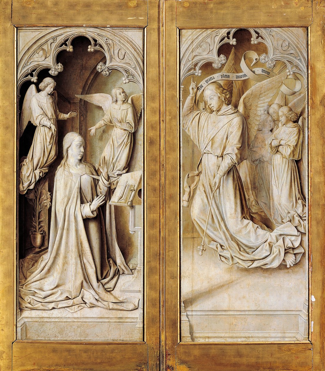 Ilmoitus grisaillessa (yksivärinen harmaa), Moulinsin mestarin triptyykkialttaritaulun ulkosiivet (n. 1489-1502) Notre-Damen katedraalissa, Moulinsissa, Ranskassa. tekijältä (fl.c.1483 c.1529) Master of Moulins