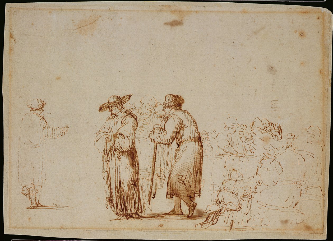 Hollantilaisia hahmoja (kynä, seepia, muste ja tussi paperille) tekijältä (follower of) Rembrandt Harmensz. van Rijn