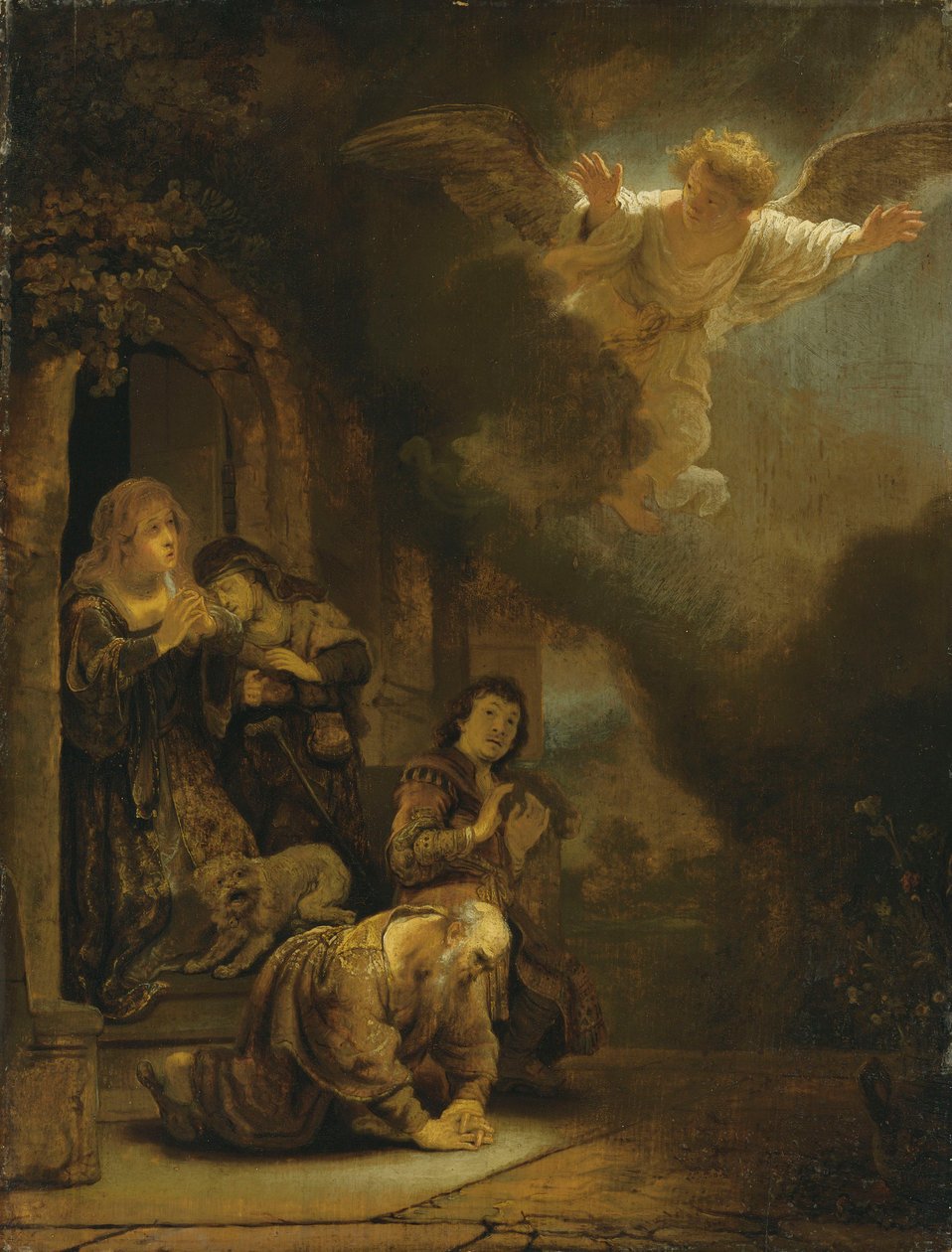 Arkkienkeli Rafael jättämässä lomaa Tobitille ja hänen perheelleen (öljy paneelissa) tekijältä studio of Rembrandt Harmensz. van Rijn