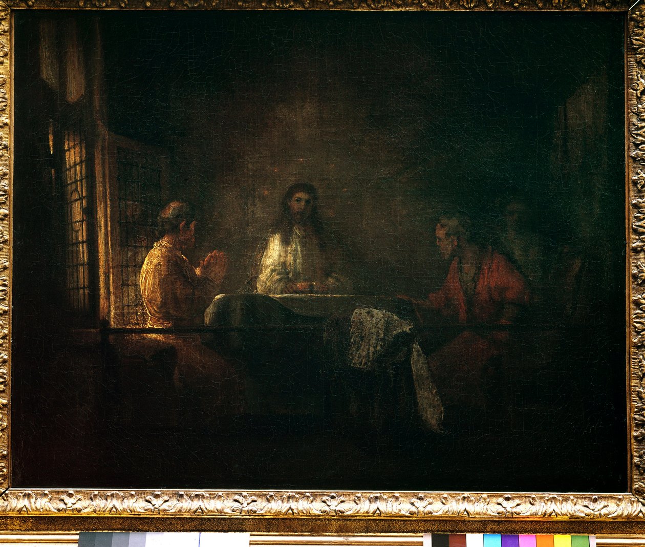 Emmauksen pyhiinvaeltajat Kristus ilmestyy pyhiinvaeltajille, jotka istuvat pöydän ääressä emmauslaisen majatalon ääressä. Harmensz van Rijn dit Rembrandtin (1606-1669) työpajan maalaus tekijältä studio of Rembrandt Harmensz. van Rijn