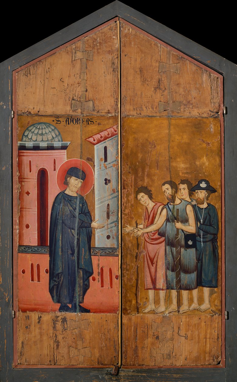 Siunatun Andrea Galleranin diptyykki: Siunattu isäntä Gallerani vastaanottamassa pelgrimejä ja kerjäläisiä, ulkopaneelit, n. 1270 (maalaus puulle) tekijältä (workshop of) Guido da Siena