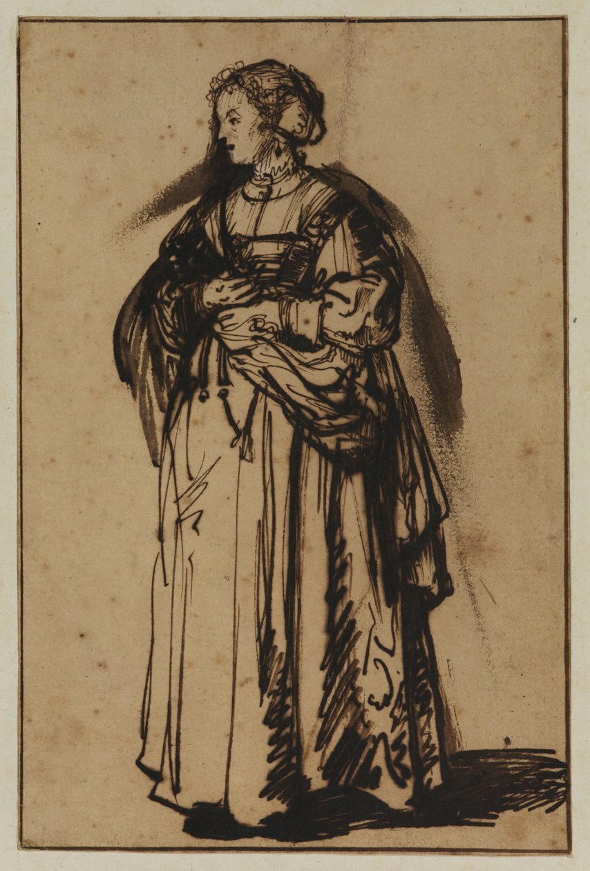 Taiteilijan vaimo Saskia seisomassa ja pitelee kukkia käsissään tekijältä (workshop of) Rembrandt Harmensz. van Rijn