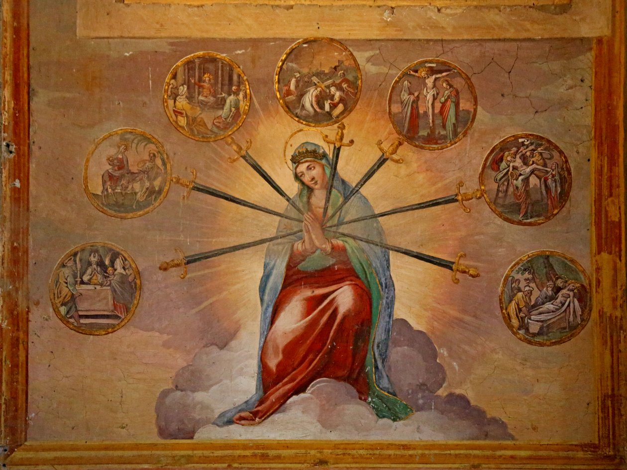 Muunnelma Neitsyt Marian iloista (ja suruista): Ilmoitus, Lento Egyptiin, Esittely, Via Crucis, Ristiinnaulitseminen, Laskeuma, Hautaus tekijältä Unknown