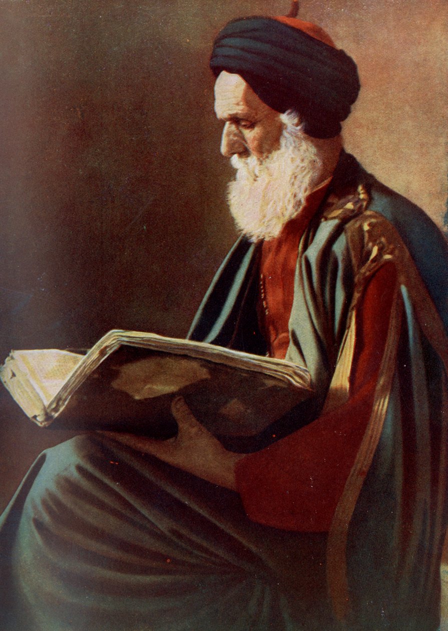 Afrikka. Tunisialainen rabbi lukee kirjaa. 1920 tekijältä Unknown