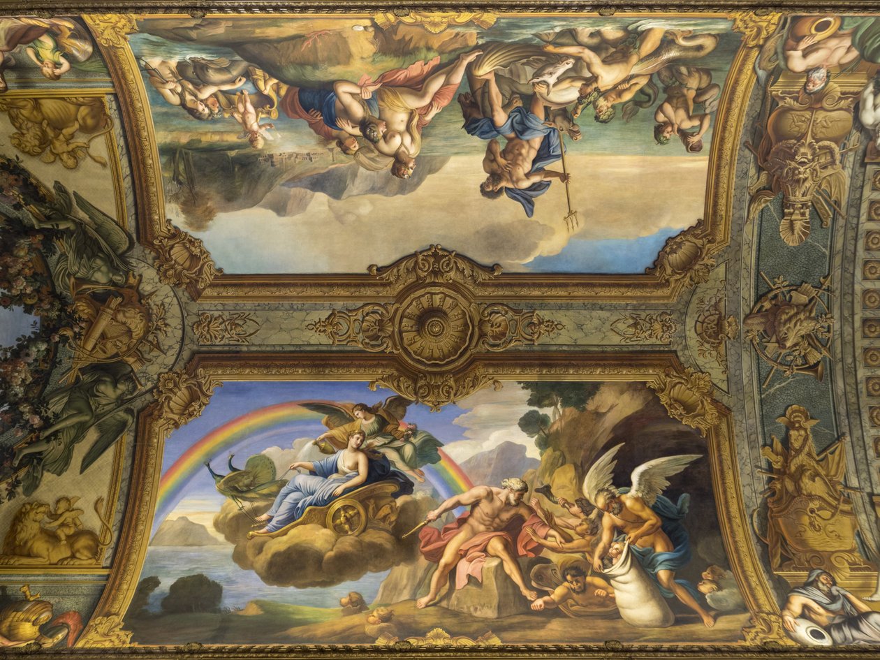 Ilmaalleegoria, joka edustaa Aeolusta ja Junoa. François Perrierin (1594-1649) maalaus Galerie doreen holvista, 1645. Banque de France. Hotel de Toulouse, entinen Hotel de la Villiere, Pariisi - H tekijältä Unknown