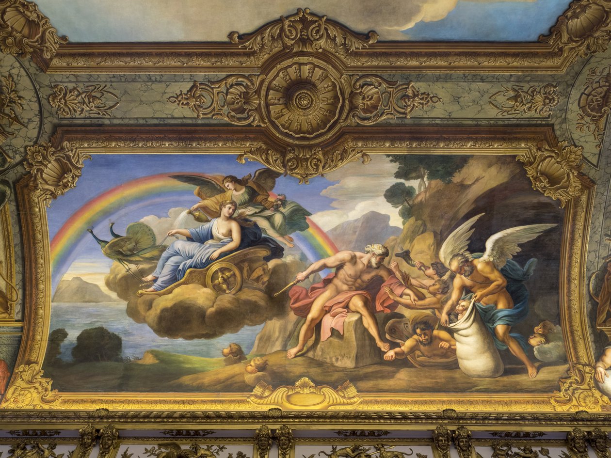 Ilmaalleegoria, joka edustaa Aeolusta ja Junoa. François Perrierin (1594-1649) maalaus Galerie doreen holvista, 1645. Banque de France. Hotel de Toulouse, entinen Hotel de la Villiere, Pariisi - H tekijältä Unknown