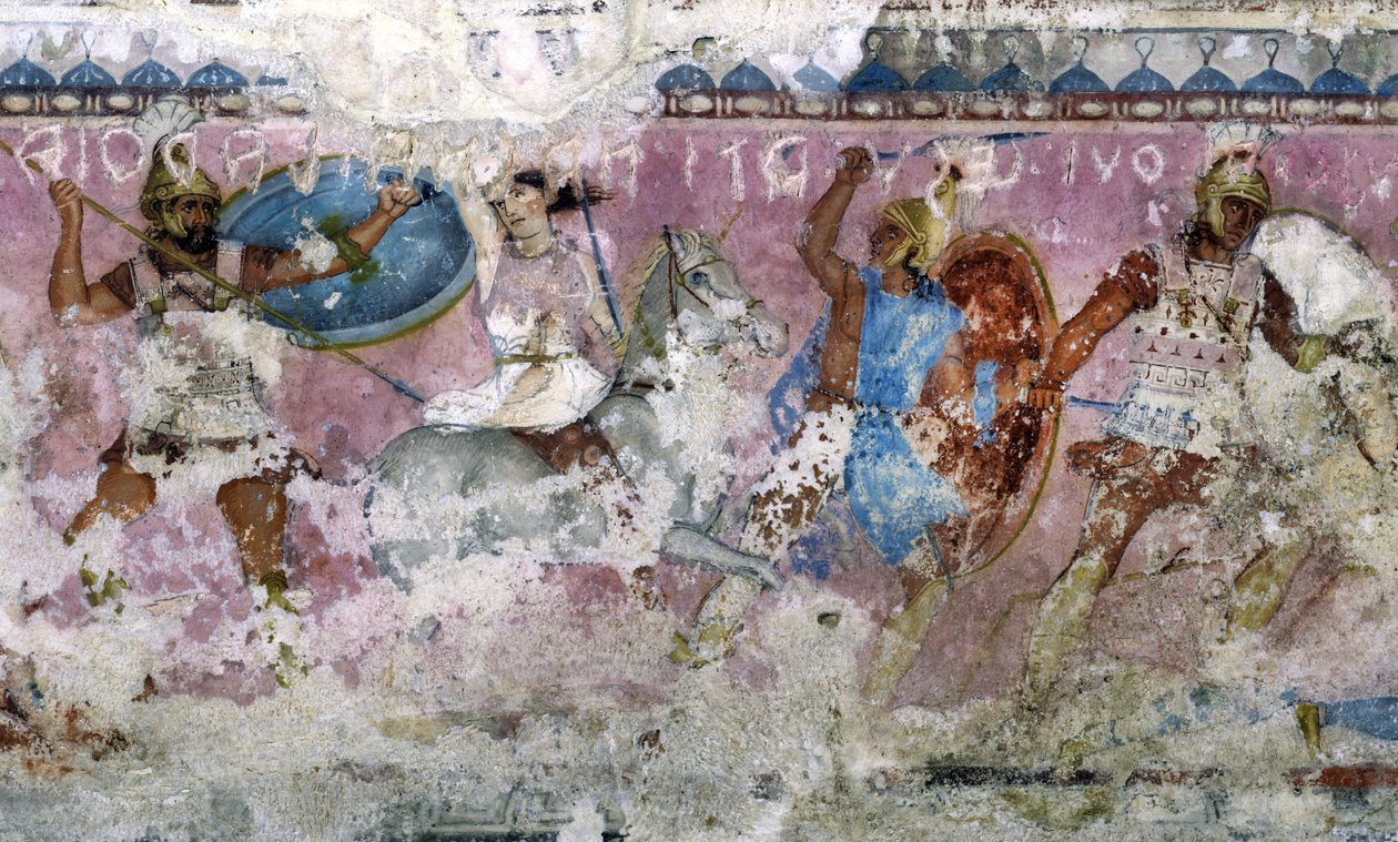 Taistelu kreikkalaisten ja amatsonien välillä, yksityiskohta amatzonien sarkofagin puolelta, Tarquinia, 4. vuosisadalla eKr. (tempera alabasterilla) (katso myös 36059, 85168 ja 85169) tekijältä Unknown