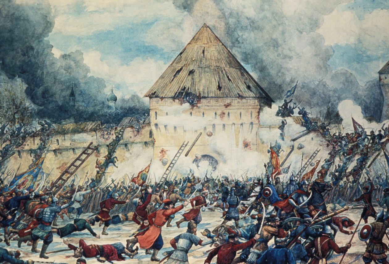 Taistelu puolalaisten interventioiden kanssa Kitai-Gorodin (Kiinalainen kaupunki) Vladimirin portilla Moskovassa, 1612, akvarelli G, Lissner. tekijältä Unknown