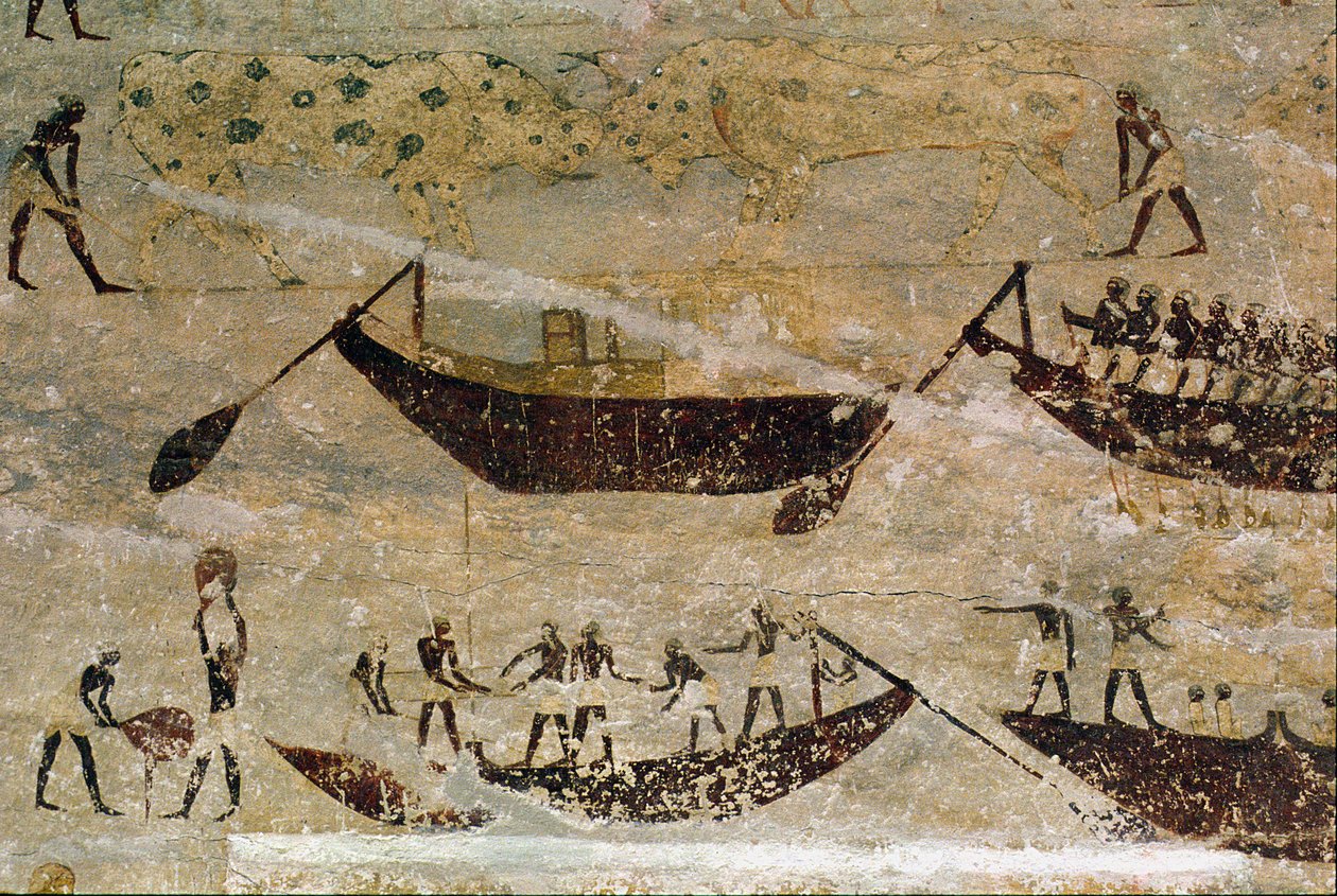 Veneet menossa alavirtaan, yksityiskohta hautamaalauksesta, egyptiläinen, vanhasta keskimmäiseen valtakuntaan (maalattu kalkkikivi). tekijältä Unknown