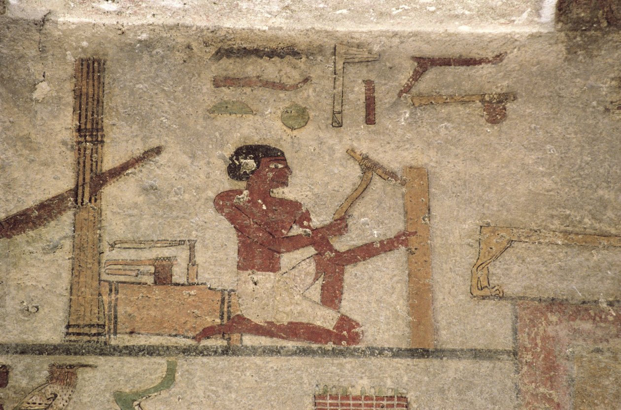 Puusepänverstas, yksityiskohta haudan seinämaalauksesta, egyptiläinen, vanhasta keskimmäiseen valtakuntaan (maalattu kalkkikivi). tekijältä Unknown