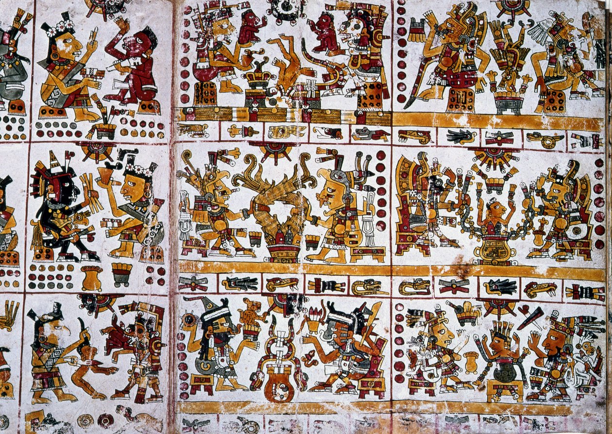 Yksityiskohta faksimileistä Kopio Codex Borgian sivusta, jossa näkyy kuusi jumalaparia, jotka edustavat pariskunnille ennustamista tekijältä Unknown