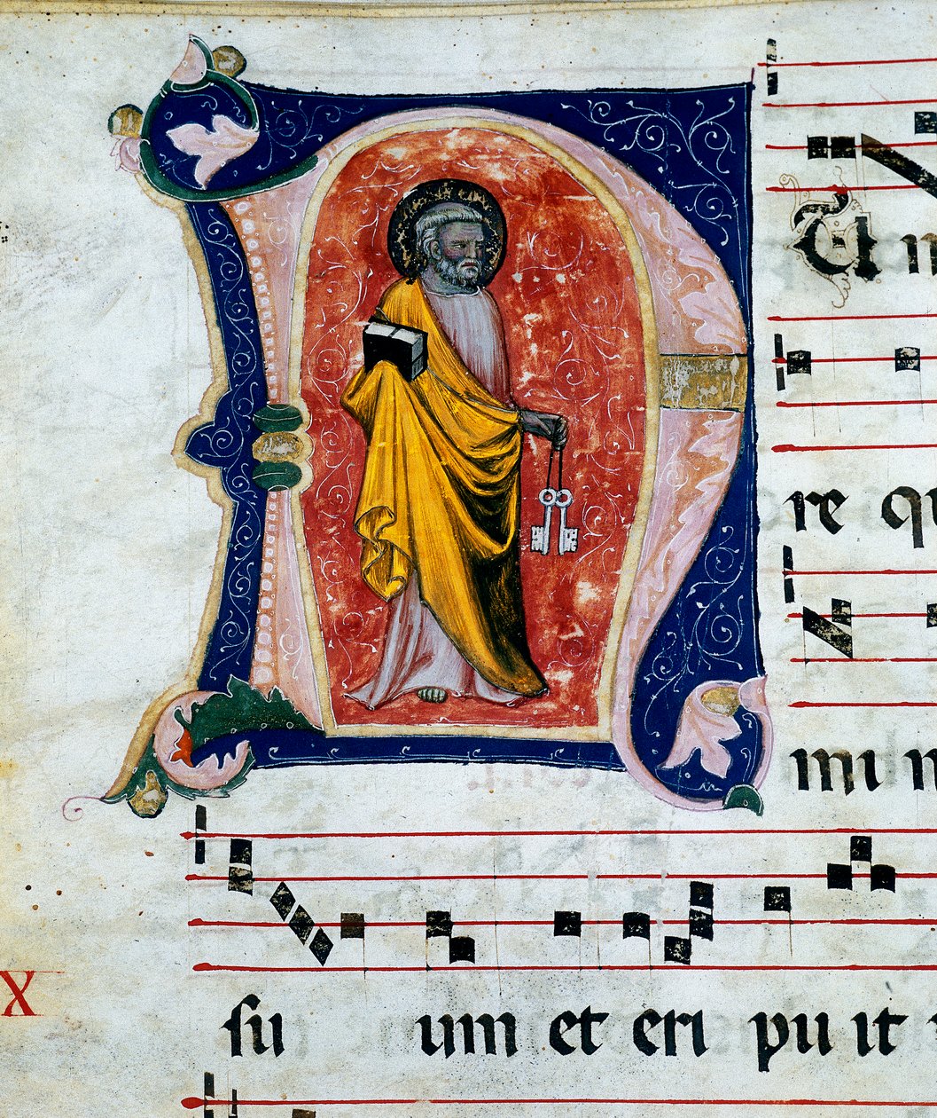 Yksityiskohta Pyhää Pietaria edustavasta pienoismallista, joka on kuoropergamenteissa XIV-XV vuosisatojen ajalta. Arkisto Palazzo Comunale of Stroncone, Ternin maakunnassa tekijältä Unknown