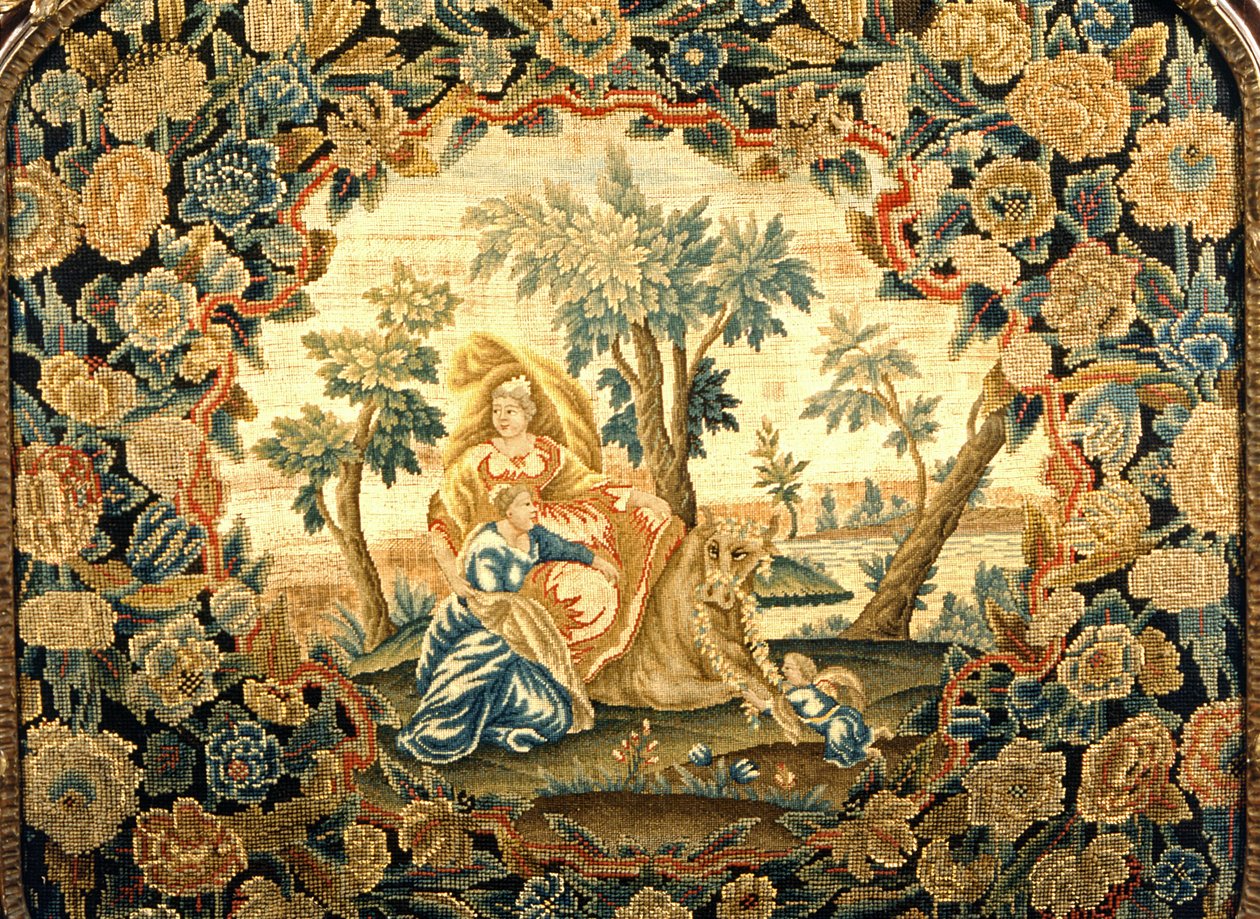 Europa and the Bull, lähikuva kuvakudosverhosta George III:n puukehyksessä, 1700-luku (villaa ja silkkitöitä) tekijältä Unknown