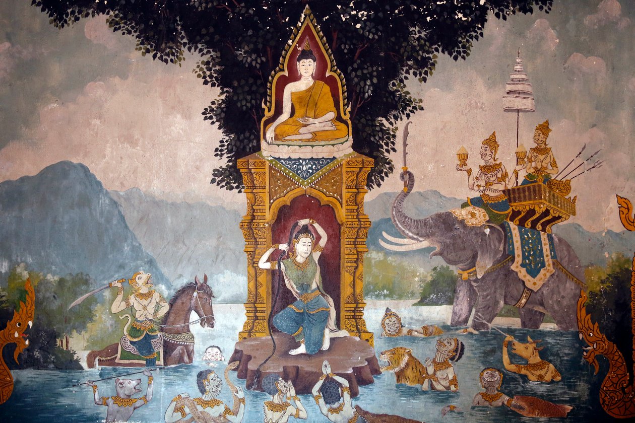 Fresko, joka kuvaa kohtausta buddhien elämästä Wat Phra Doi Suthepissa Chiang Maissa. Phra Mae Thorani vääntelee pitkiä hiuksiaan ja vesivirrat aiheuttavat tulvan. Thaimaa tekijältä Unknown