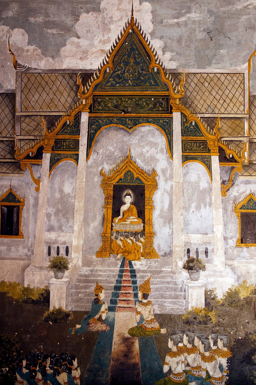 Fresko, joka kuvaa kohtausta buddhien elämästä Wat Phra Doi Suthepissa Chiang Maissa. Thaimaa tekijältä Unknown