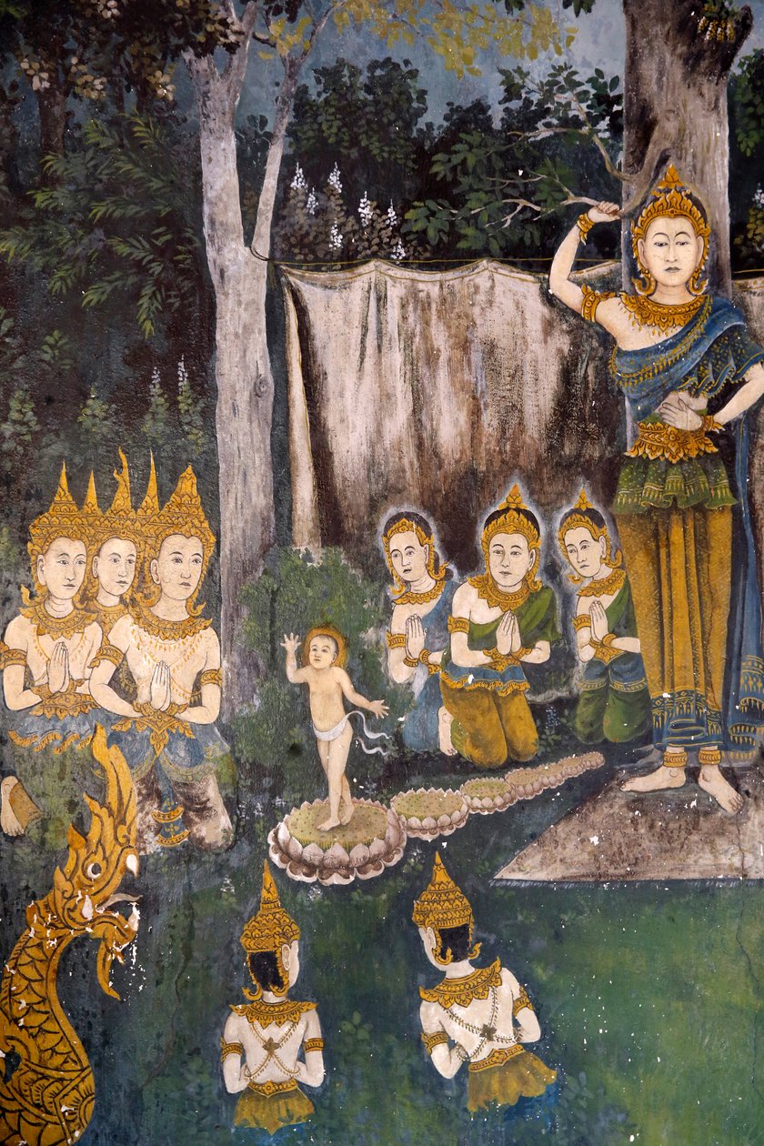Fresko, joka kuvaa kohtausta buddhien elämästä Wat Phra Doi Suthepissa Chiang Maissa. Thaimaa. Buddha lapsena. r tekijältä Unknown