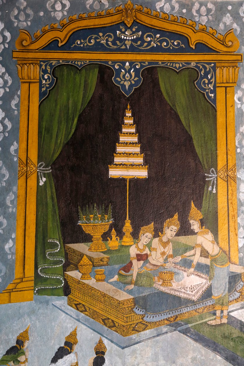 Fresko, joka kuvaa kohtausta buddhien elämästä Wat Phra Doi Suthepissa Chiang Maissa. Nuori Buddha prinssinä. Thaimaa tekijältä Unknown