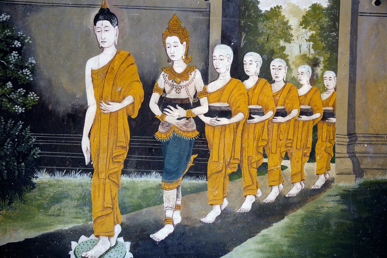 Fresko, joka kuvaa kohtausta buddhien elämästä Wat Phra Doi Suthepissa Chiang Maissa. Buddha ja munkit almupyörillä. Thaimaa tekijältä Unknown
