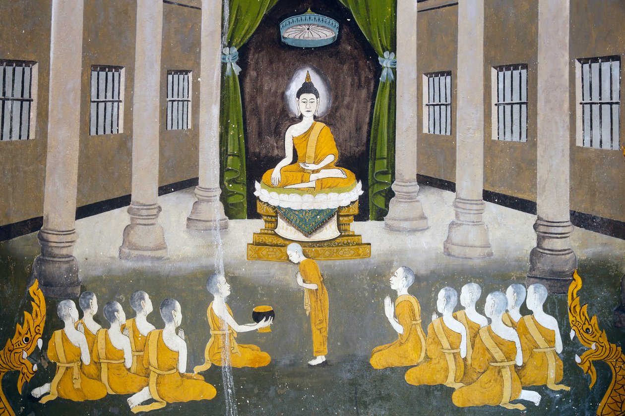Fresko, joka kuvaa kohtausta buddhien elämästä Wat Phra Doi Suthepissa Chiang Maissa. Buddha sanghansa kanssa. rThaimaa tekijältä Unknown