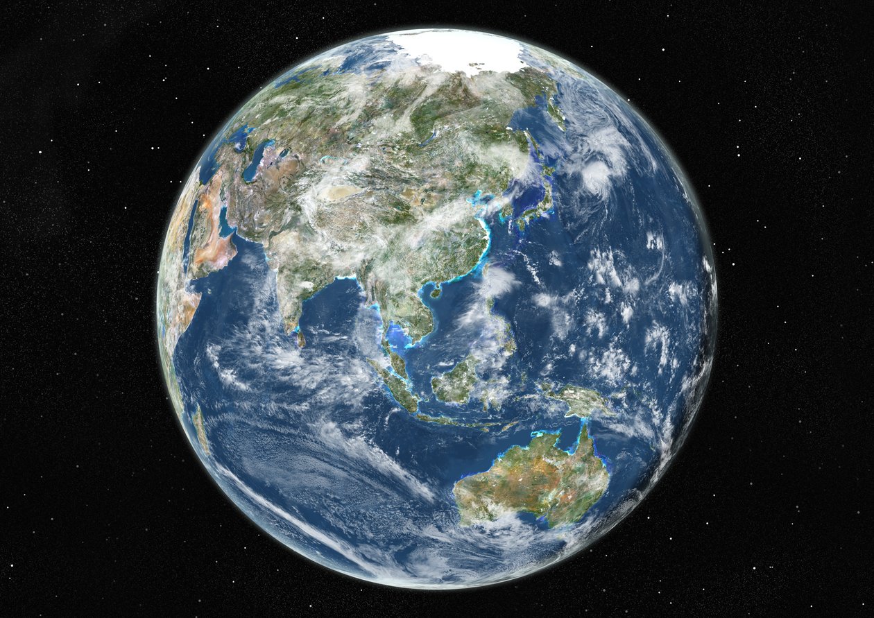 Maapallo, joka keskittyy Aasiaan ja Oseaniaan, True Color -satelliittikuva tekijältä Unknown