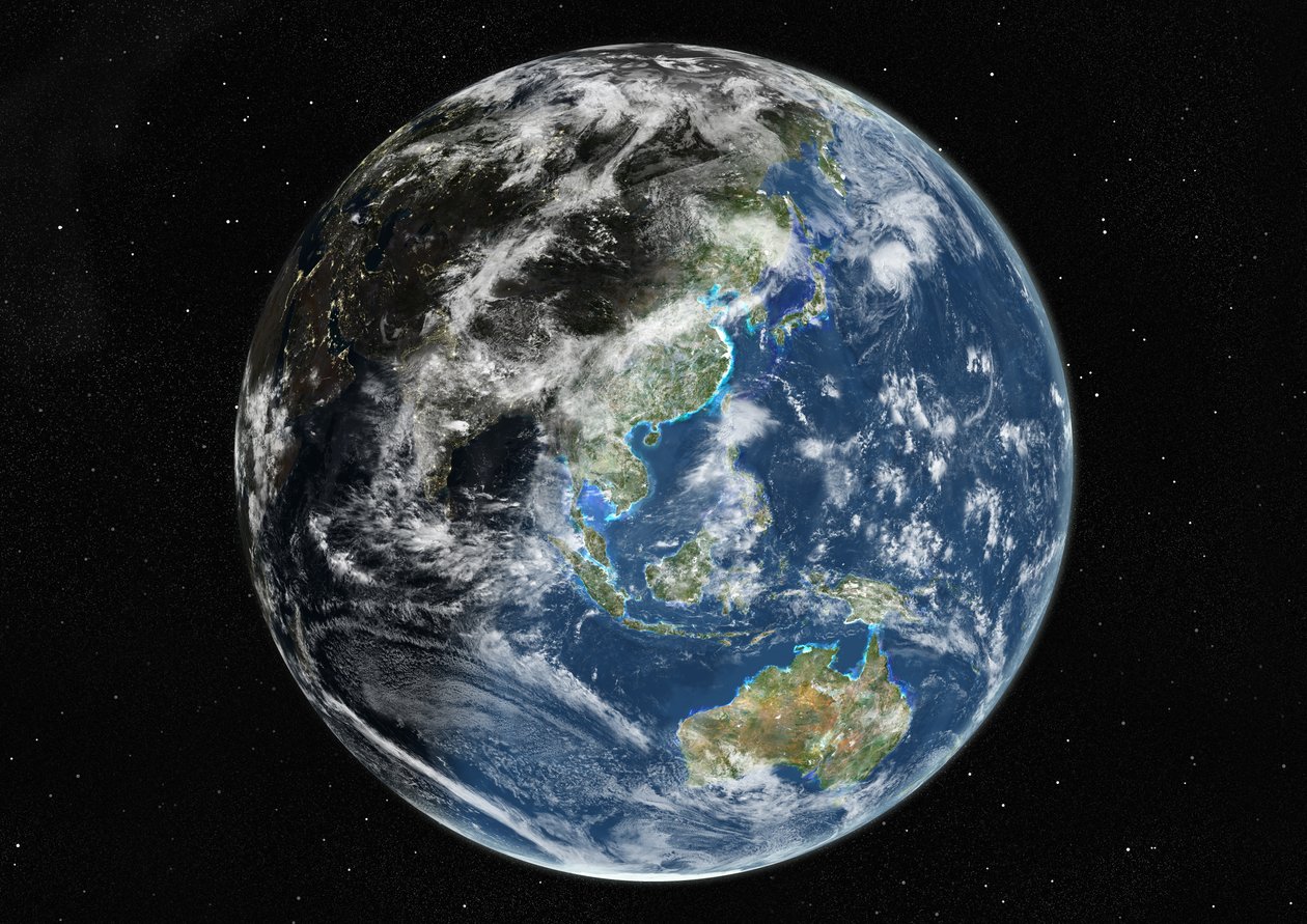 Maapallo, joka keskittyy Aasiaan ja Oseaniaan, True Color -satelliittikuva tekijältä Unknown