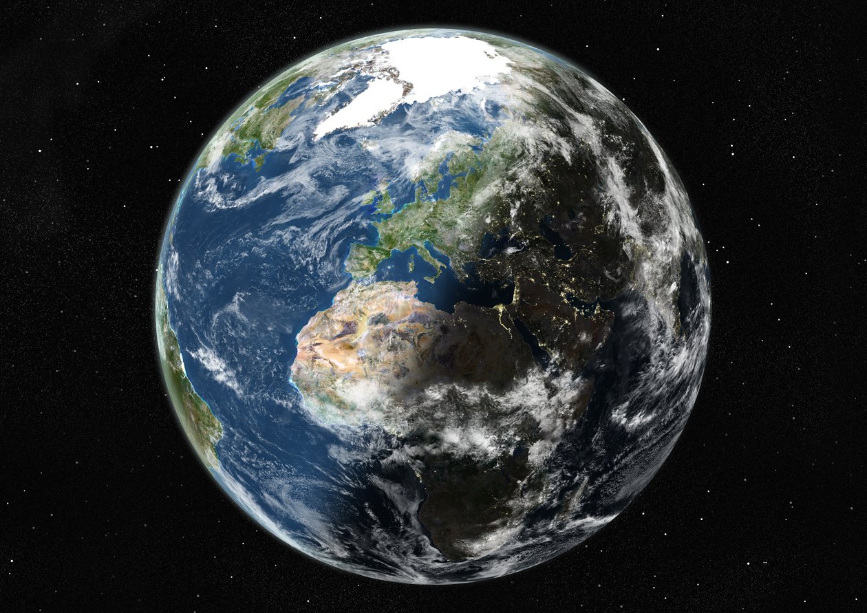 Maailmapallo keskitetty Eurooppaan ja Afrikkaan, tosi värillinen satelliittikuva tekijältä Unknown