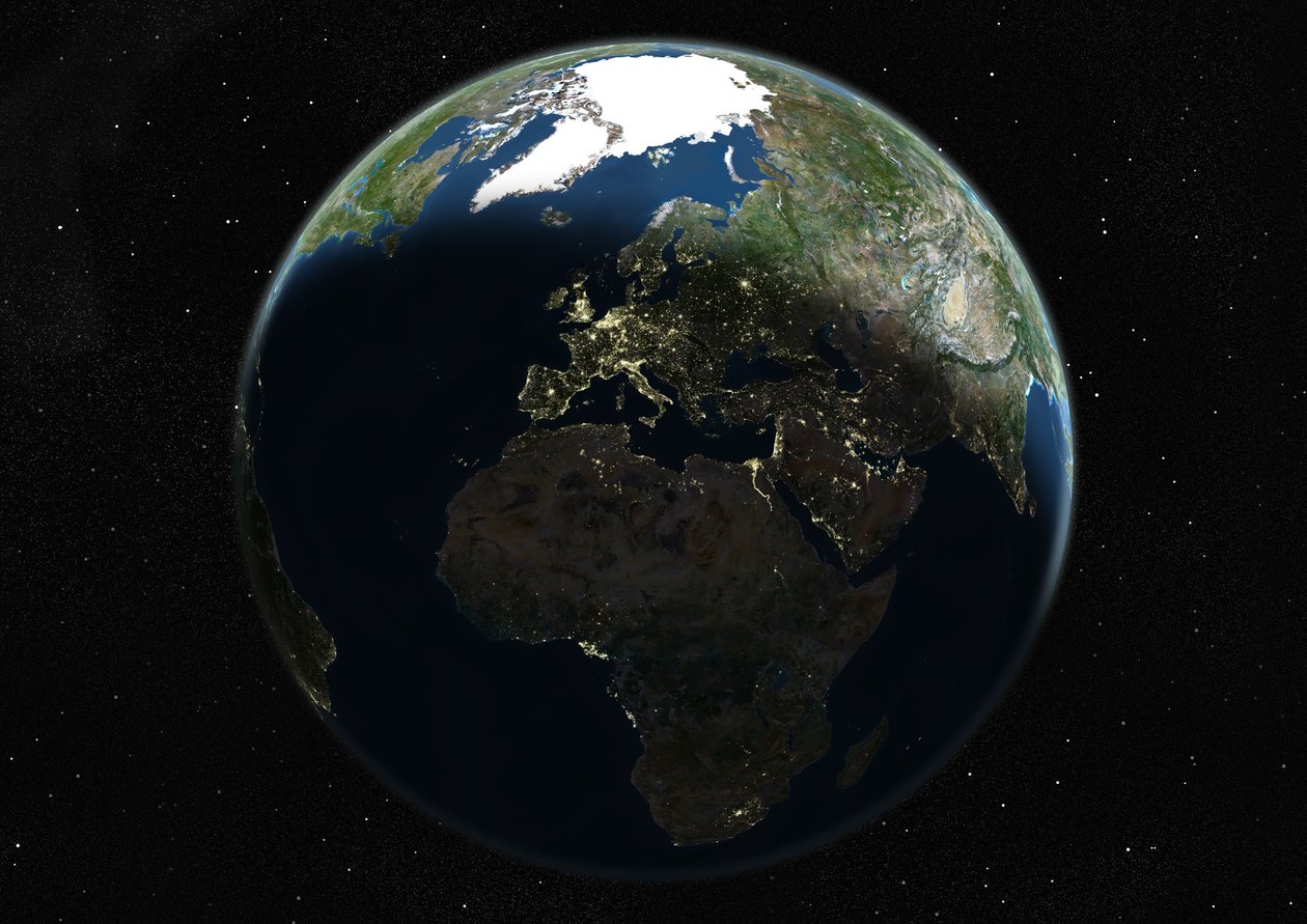Maapallo keskittyy Eurooppaan ja Afrikkaan, True Color -satelliittikuva tekijältä Unknown