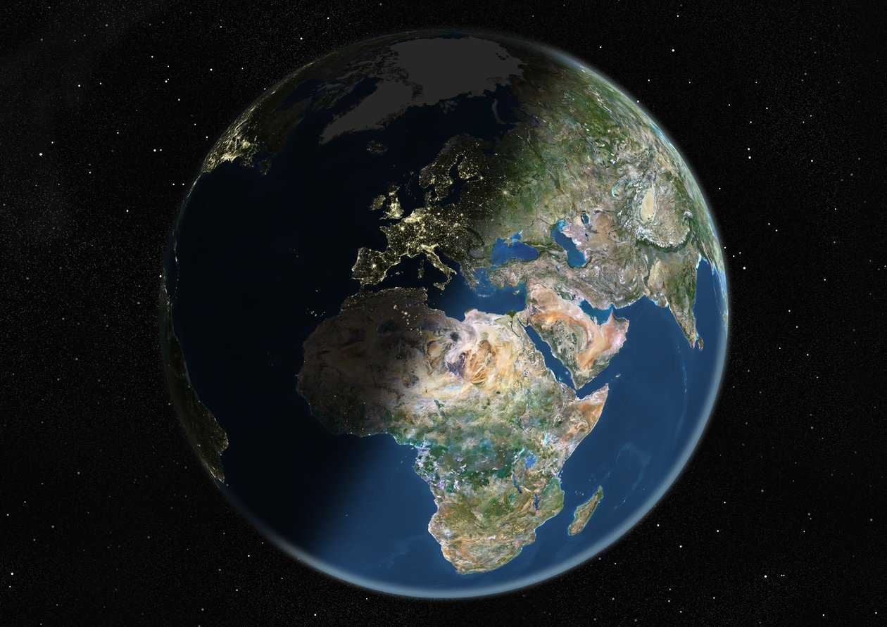 Maapallo keskittyy Eurooppaan ja Afrikkaan, True Color -satelliittikuva tekijältä Unknown