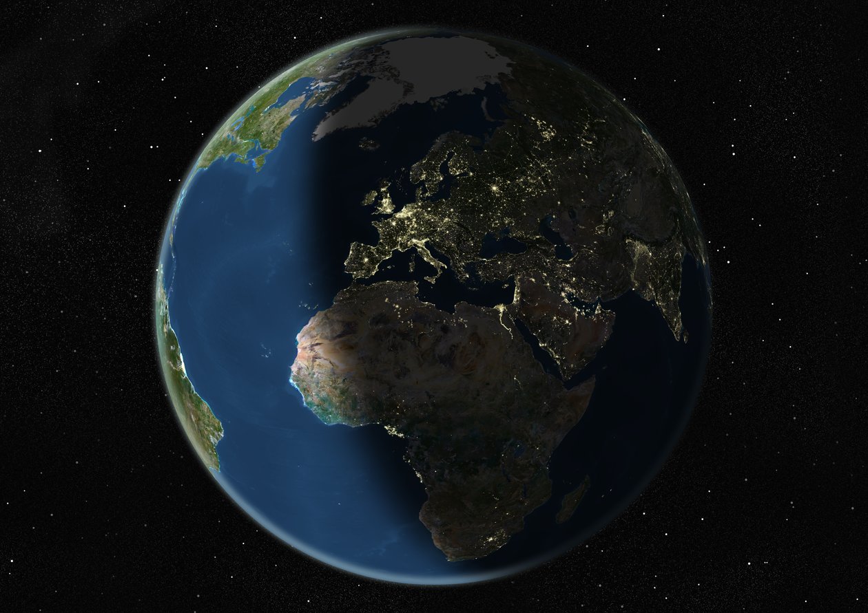Maapallo keskittyy Eurooppaan ja Afrikkaan, True Color -satelliittikuva tekijältä Unknown