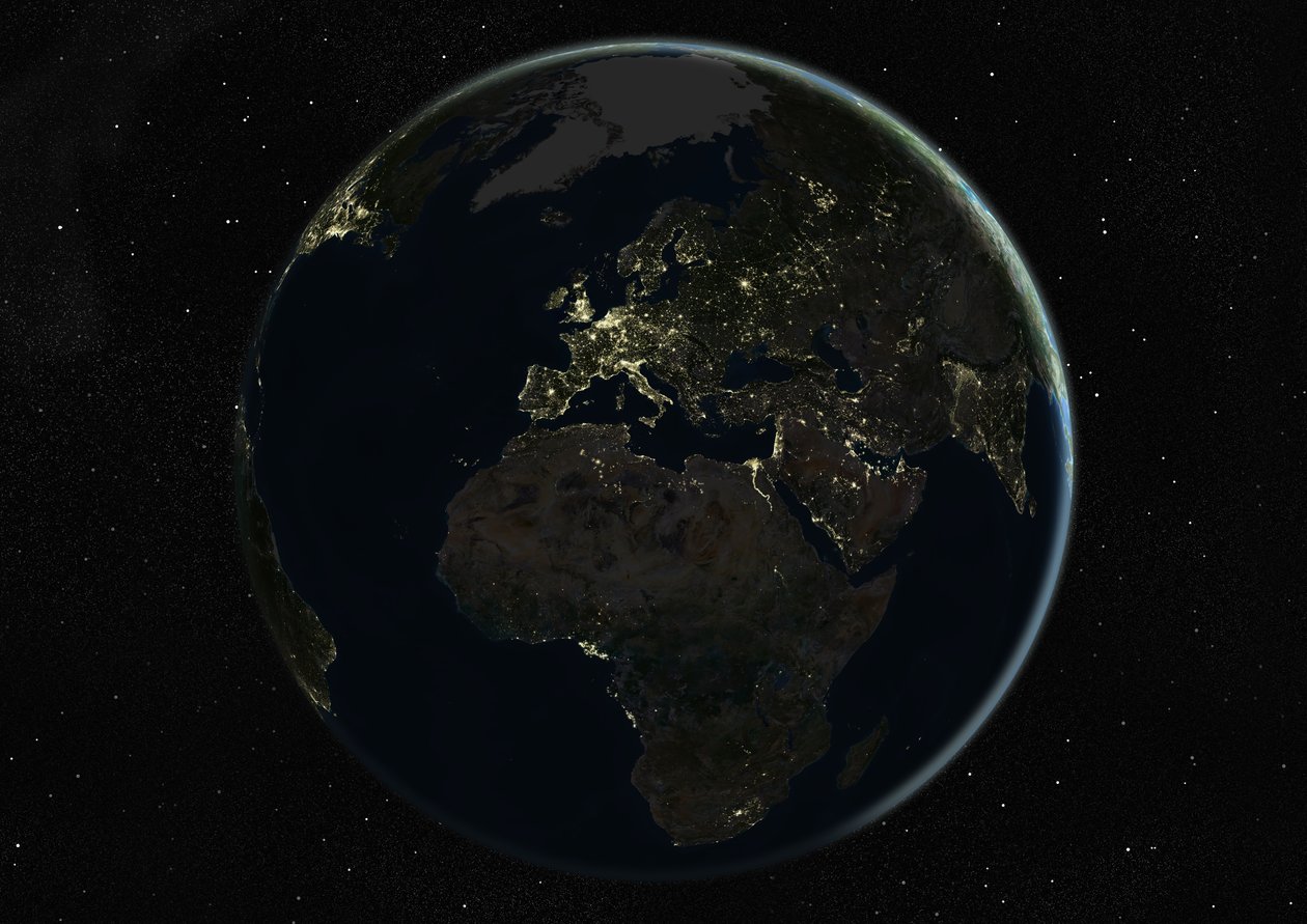 Maapallo keskittyy Eurooppaan ja Afrikkaan, True Color -satelliittikuva tekijältä Unknown