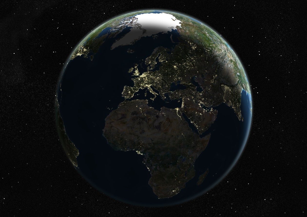 Maapallo keskittyy Eurooppaan ja Afrikkaan, True Color -satelliittikuva tekijältä Unknown