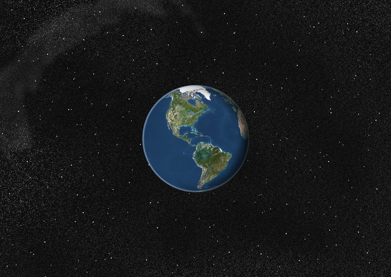Maailmapallo keskitetty Amerikkaan, tosi värillinen satelliittikuva tekijältä Unknown