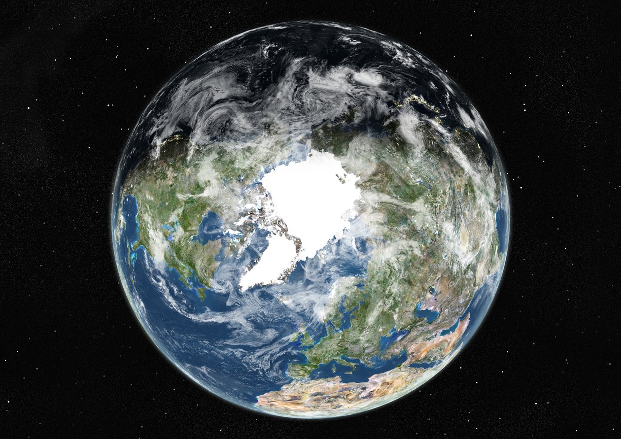 Maailmapallo keskitetty pohjoisnavalle, tosi värillinen satelliittikuva tekijältä Unknown