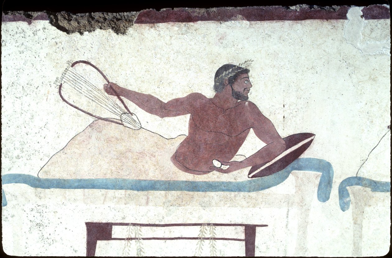 Kreikkalainen maalaus Sukeltajan haudasta, Paestum, 480 eKr. Juhlat. Symposium-kohtaus, Italia tekijältä Unknown