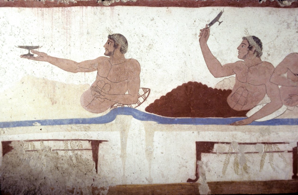 Greek painting mula sa Tomb of the Diver, Paestum, 480 BC Banqueters. Symposium scene, Italyfinn tekijältä Unknown