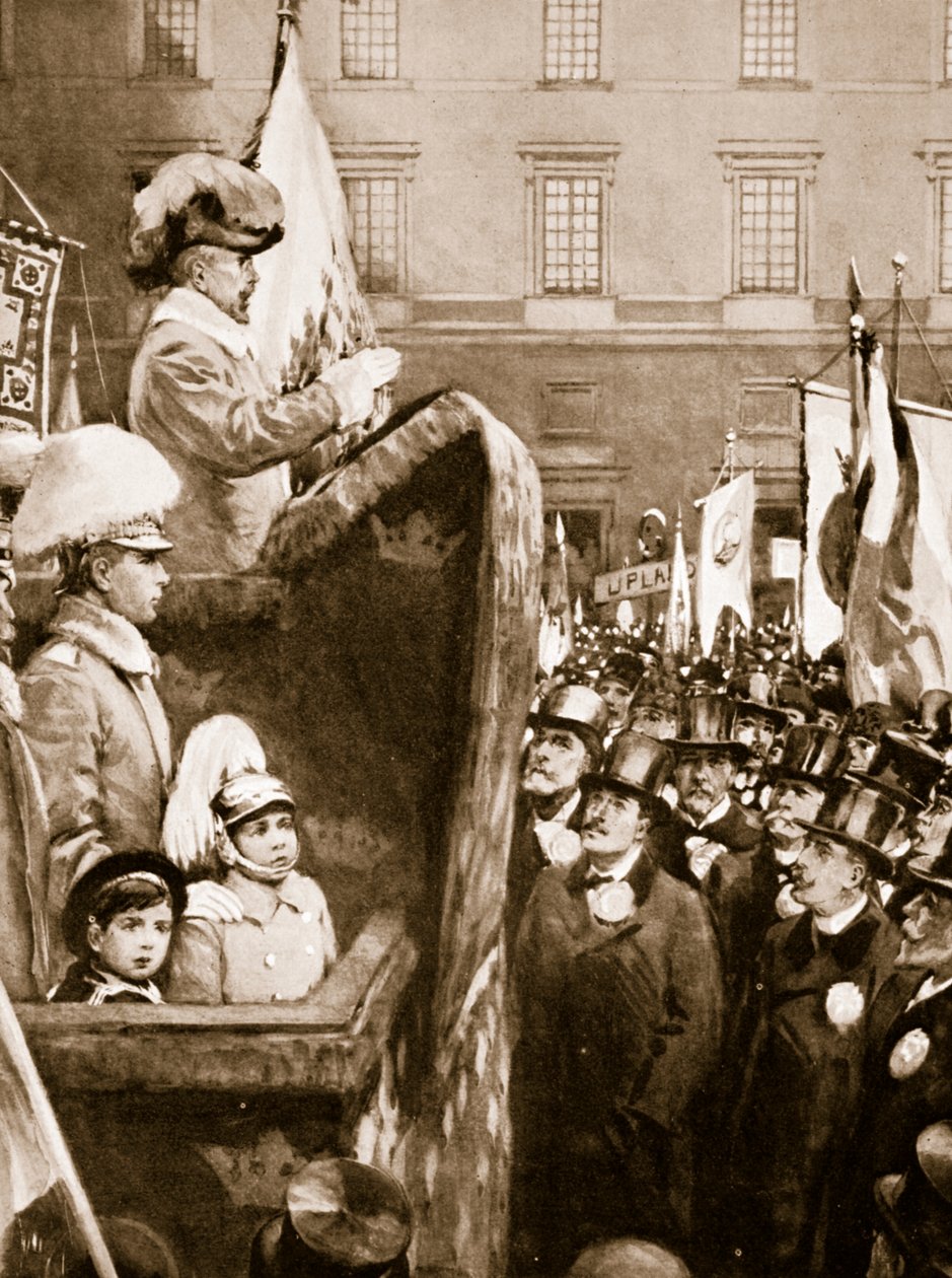 Ruotsin kuningas Kaarle XV puhuu väkijoukolle lisääntyneestä aseistautumisesta maan puolustamiseksi, 1866 tekijältä Unknown
