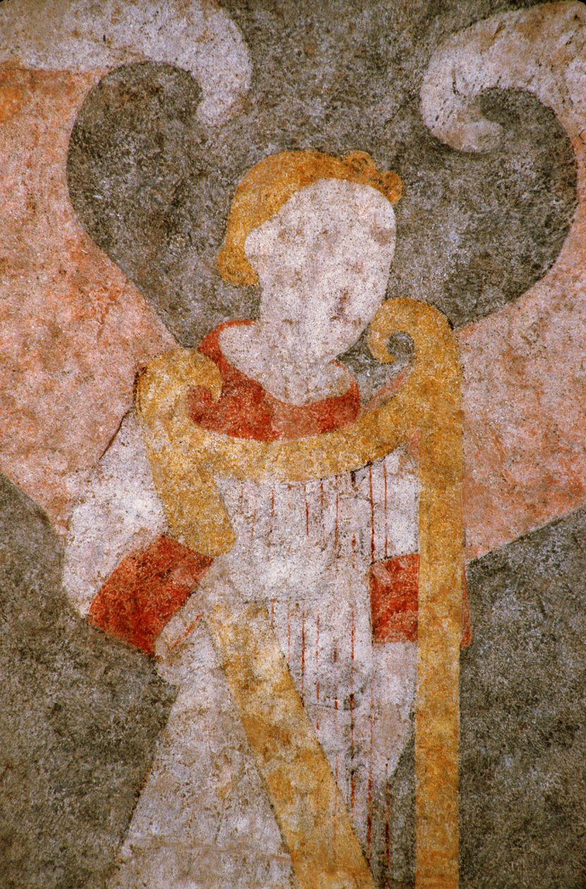 Loire Atlantique N* 081 - St-Sulpice des Landes - "Vanhana kylänä" tunnettu kirkko - 1400-luvun seinämaalaus - Holvin enkeli soittamassa "rebecia" (viole) tekijältä Unknown