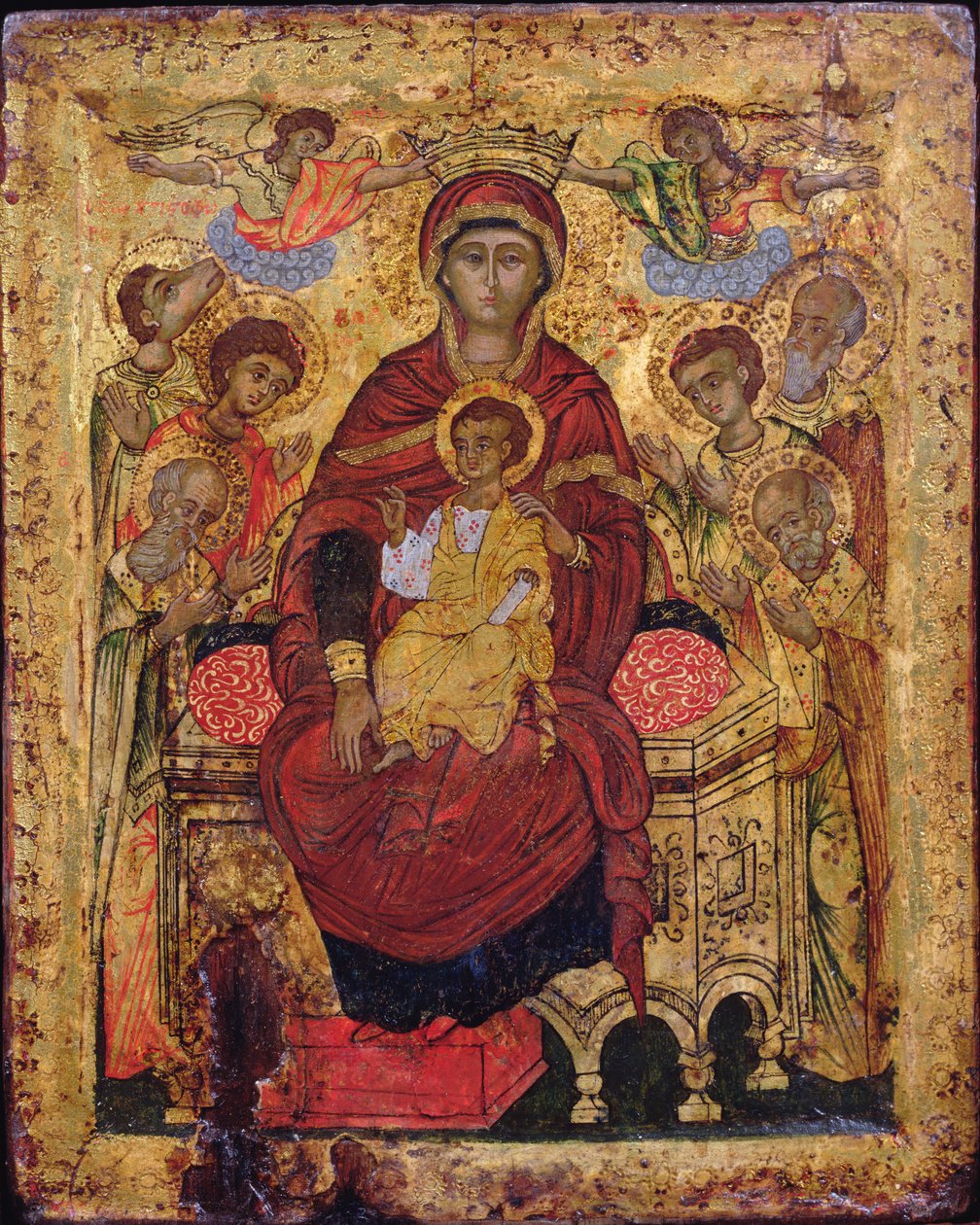 Madonna ja lapsi valtaistuimella pyhien kanssa, Kreikan saarten ikoni, 1700-luvun alku (tempera paneelissa) tekijältä Unknown