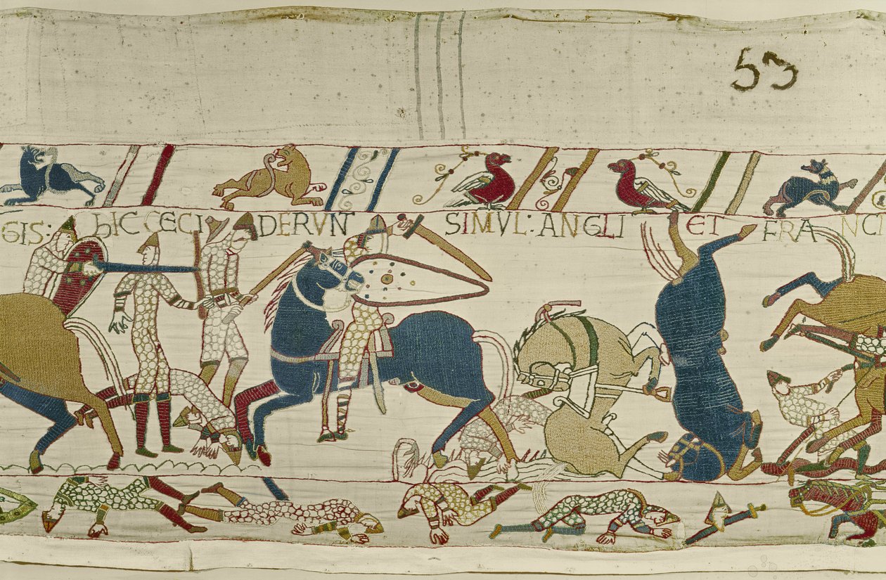 Normanit ja englantilaiset syksyt vierekkäin taistelussa, Bayeux Tapestry (villakirjonta pellavalle) tekijältä Unknown