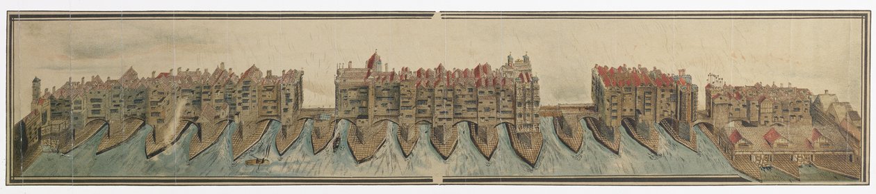 Old London Bridge n. 1600, kopioima W. Griggs vuonna 1881 Pepys-kokoelman piirroksesta Magdalene Collegessa, Cambridgessa tekijältä Unknown